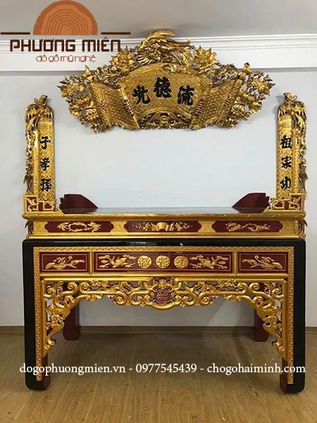 Bàn thờ gỗ mít truyện như ý thủng sơn son thếp vàng Đài Loan rộng 1m53. (Sóc Trăng)