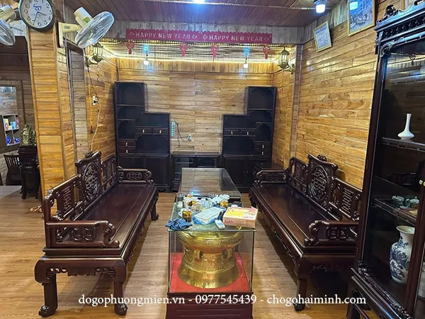 Bộ trường kỷ chạm chữ Phúc Thọ gỗ gụ Lào đẹp chất lượng. (bàn giao Thanh Hóa)