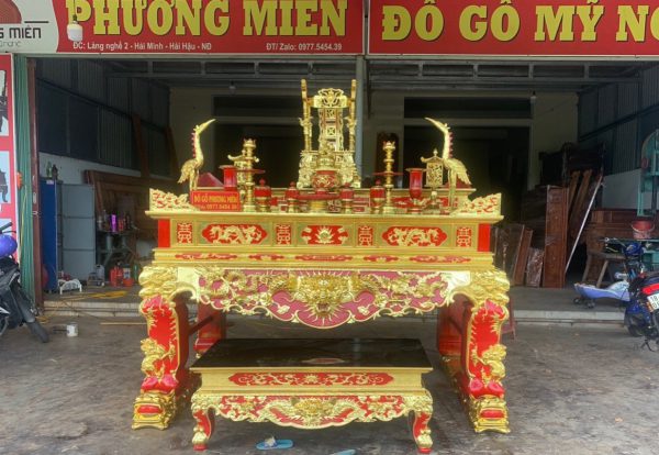 Sập thờ tư linh nhị cấp gỗ mít sơn son thiếp vàng Đài Loan.