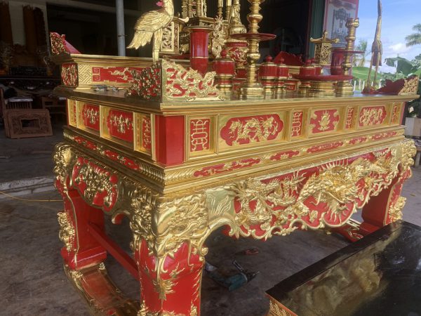 Sập thờ tứ linh nhị cấp gỗ mít sơn son thiếp vàng Đài Loan