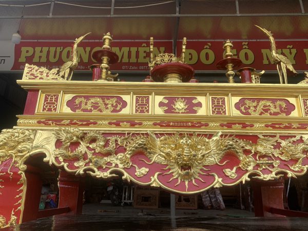Sập thờ tứ linh nhị cấp gỗ mít sơn son thiếp vàng Đài Loan