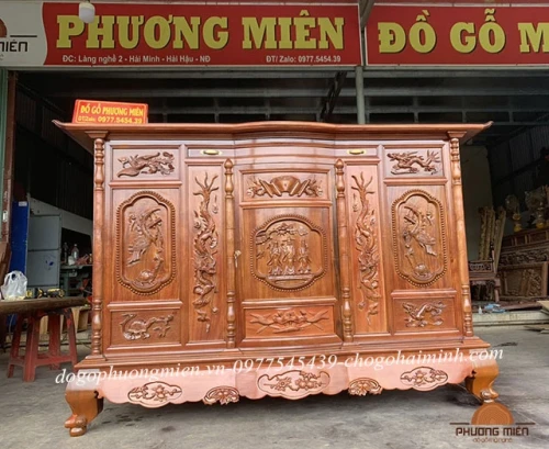 Mẫu tủ thờ gỗ gụ Lào tứ linh đẹp rộng 1m97 x cao 1m27 x sâu 81.